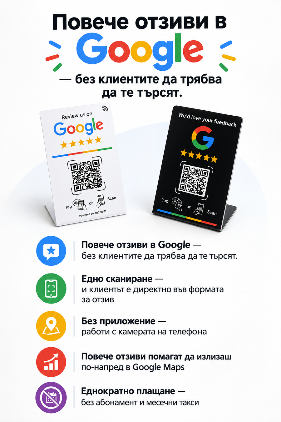 Стойка за Google отзиви с QR и NFC